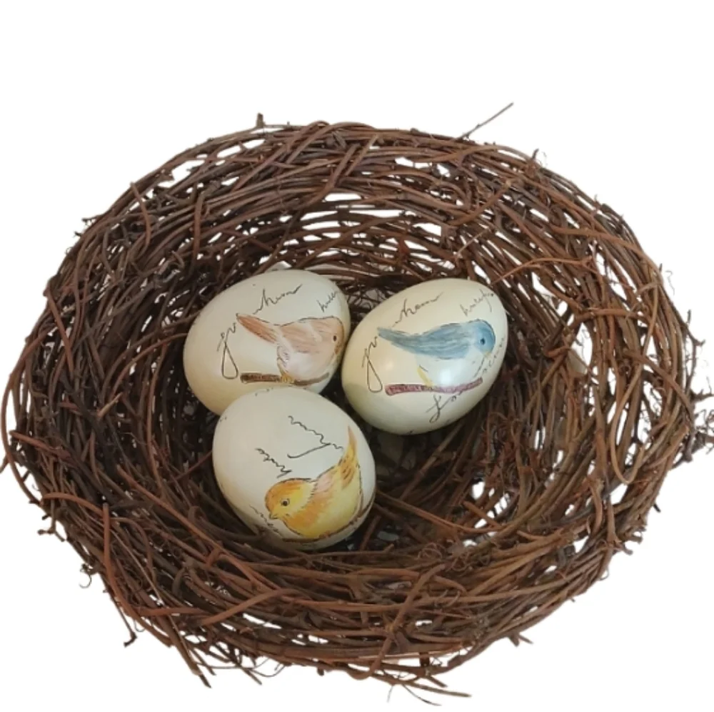 Decorative Bird Nest with 3 Painted Eggs